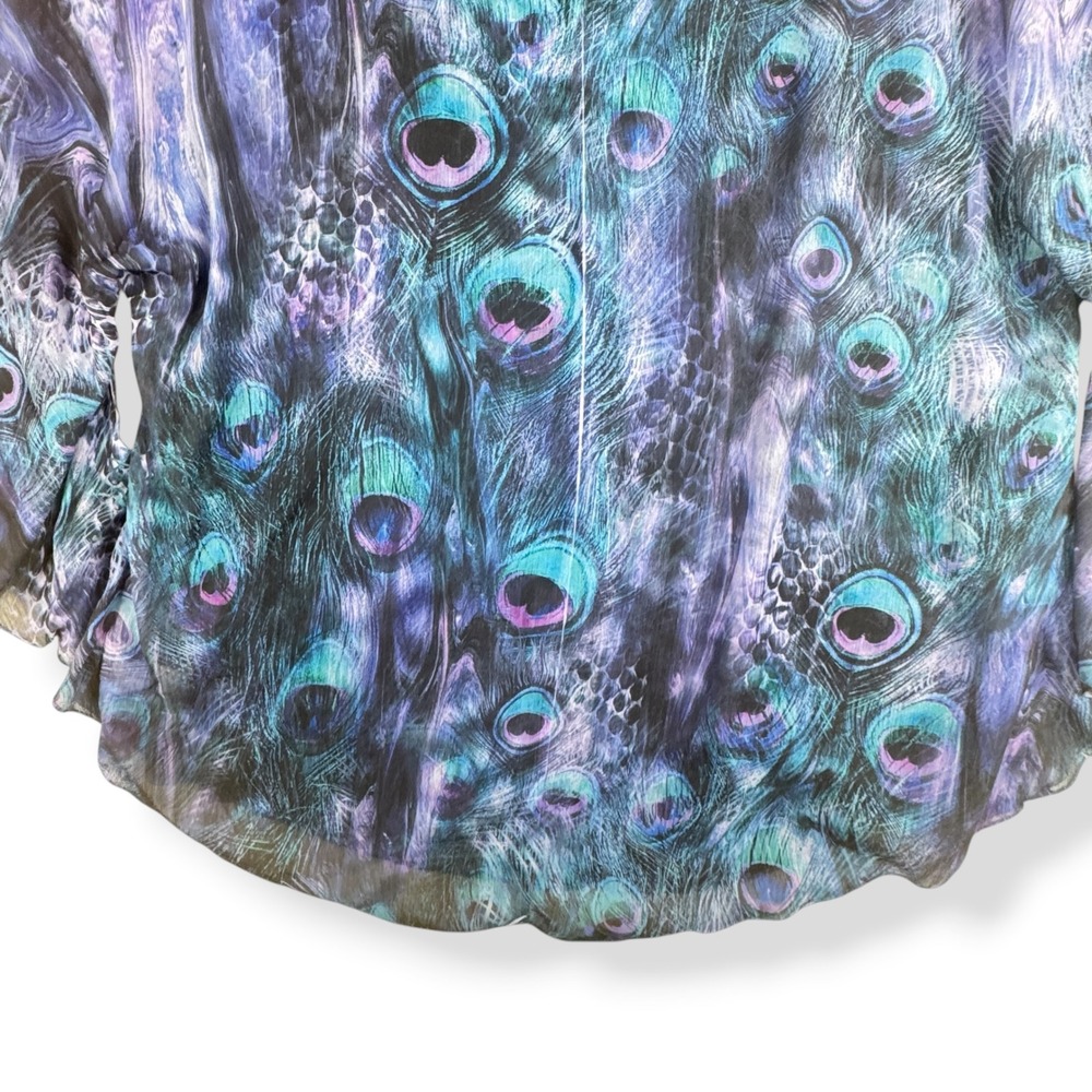 B L E U Womens Top Size Large Peacock Chiffon Rhinestone Artsy Hippie Fairy - Picture 5 of 7